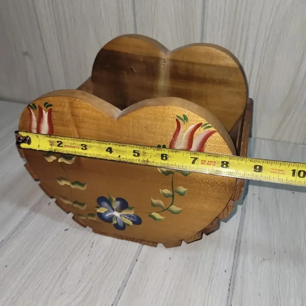Vtg Handcrafted Wooden Heart Box Handpainted Floral Design Retro Farmhouse